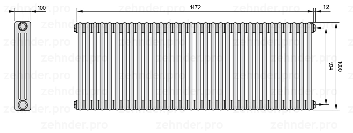 Схема (чертеж) Радиатор Zehnder Charleston 3100/32 №7610 Белый глянцевый RAL 9016